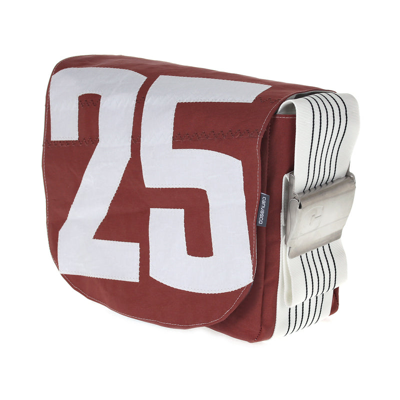 Umhängetasche CANVASCO "Urban" / Segeltuch braun / Gurt weiß-schwarz / Motiv 25 weiß