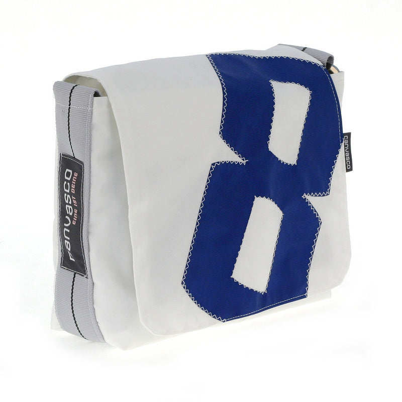 Kindertasche CANVASCO "Kids" / Segeltuch weiß / Gurt grau-schwarz / Motiv 8 blau