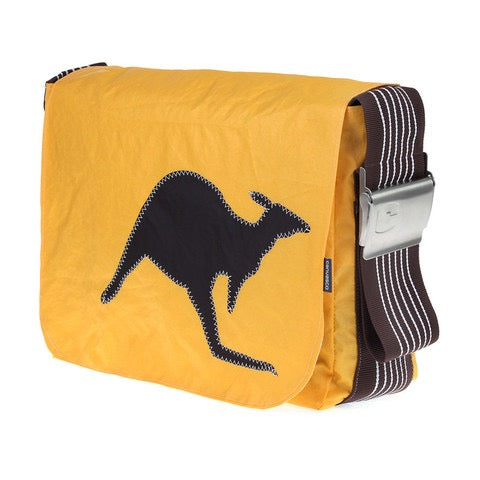 Umhängetasche CANVASCO "Urban" / Segeltuch gelb / Gurt braun-weiß / Motiv Känguru schwarz