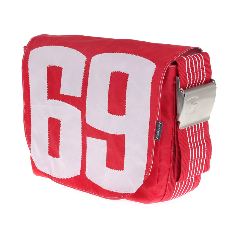 Umhängetasche CANVASCO "Urban" / Segeltuch rot / Gurt rot-weiß / Motiv 69 weiß