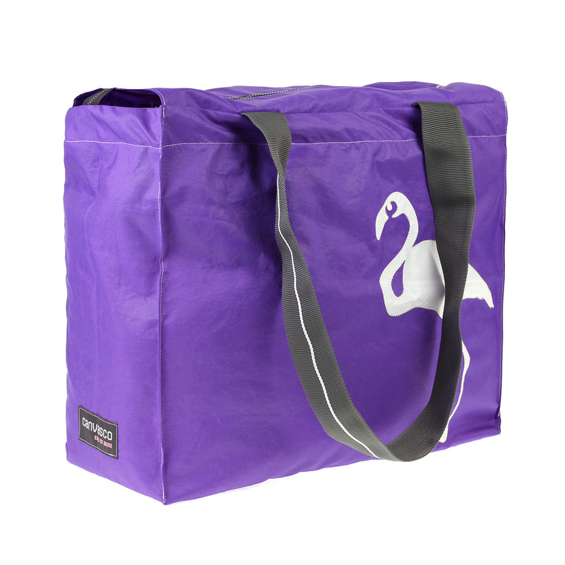 Strandtasche Badetasche CANVASCO "Beach Pro" / Segeltuch lila / Gurt grau-weiß / Motiv Flamingo weiß