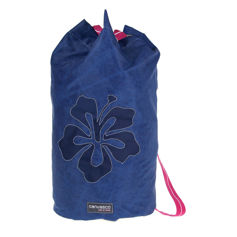 Seesack CANVASCO "Seasick" / Segeltuch blau / Gurt himbeer-weiß / Motiv Hibiskus blau