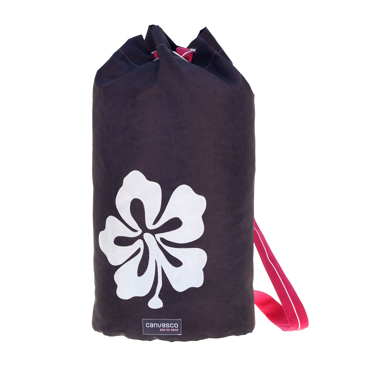 Seesack CANVASCO "Seasick" / Segeltuch schwarz / Gurt himbeer-weiß / Motiv Hibiskus weiß