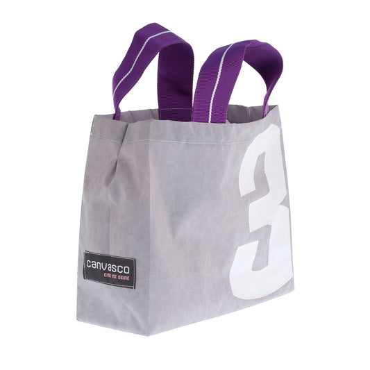 Einkaufstasche CANVASCO "Tiny" / Segeltuch grau / Gurt lila-weiß / Motiv 3 weiß