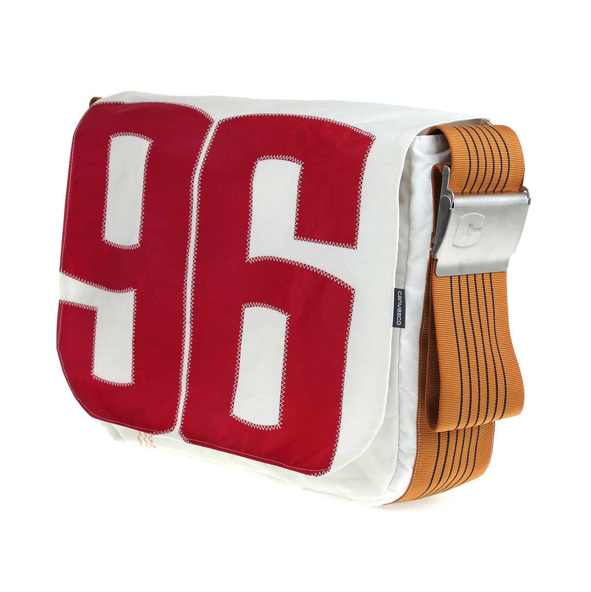 Umhängetasche CANVASCO "Urban" / Segeltuch weiß / Gurt vintage-gold / Motiv 96 rot