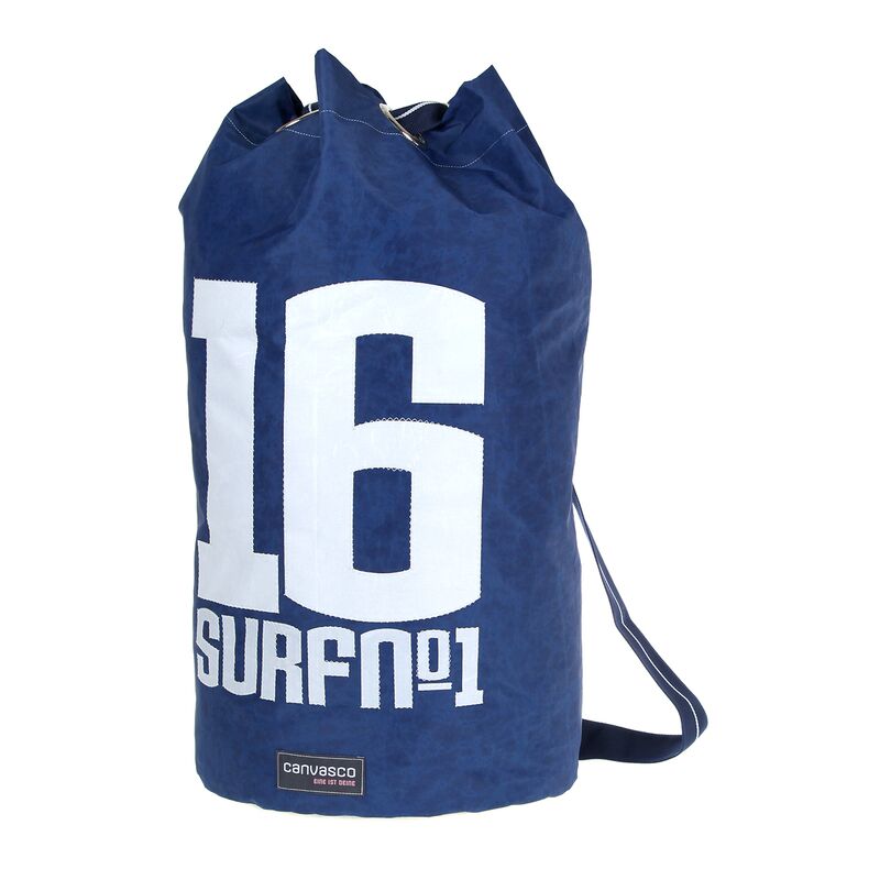 Seesack CANVASCO "Seasick" / Segeltuch blau / Gurt blau-weiß / Motiv 16 SurfNo1 weiß