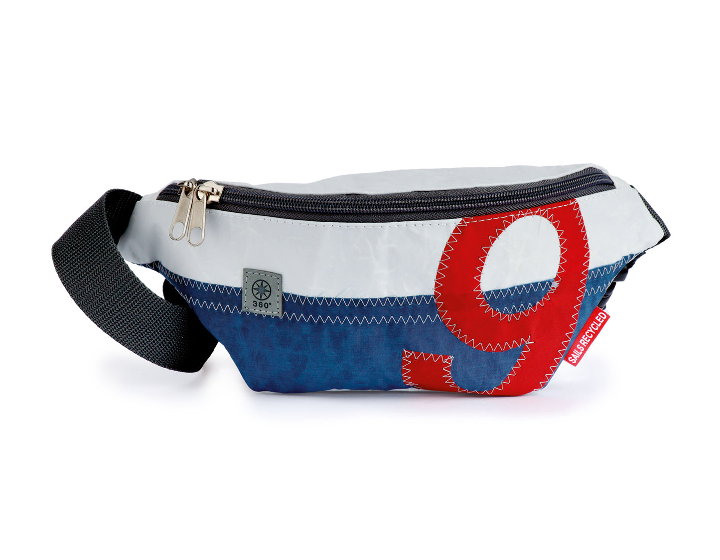 Bauchtasche 360 Grad "Knoten" / Segeltuch weiß blau / Motiv Zufallszahl rot