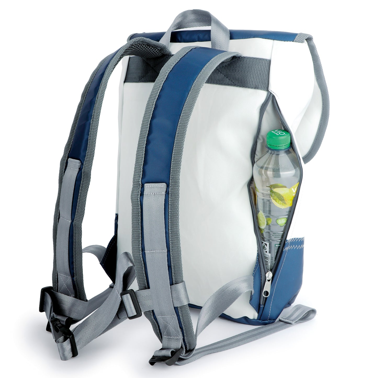 Rucksack 360 Grad "Landgang Mini" / Segeltuch weiß blau / Motiv Zufallszahl grau