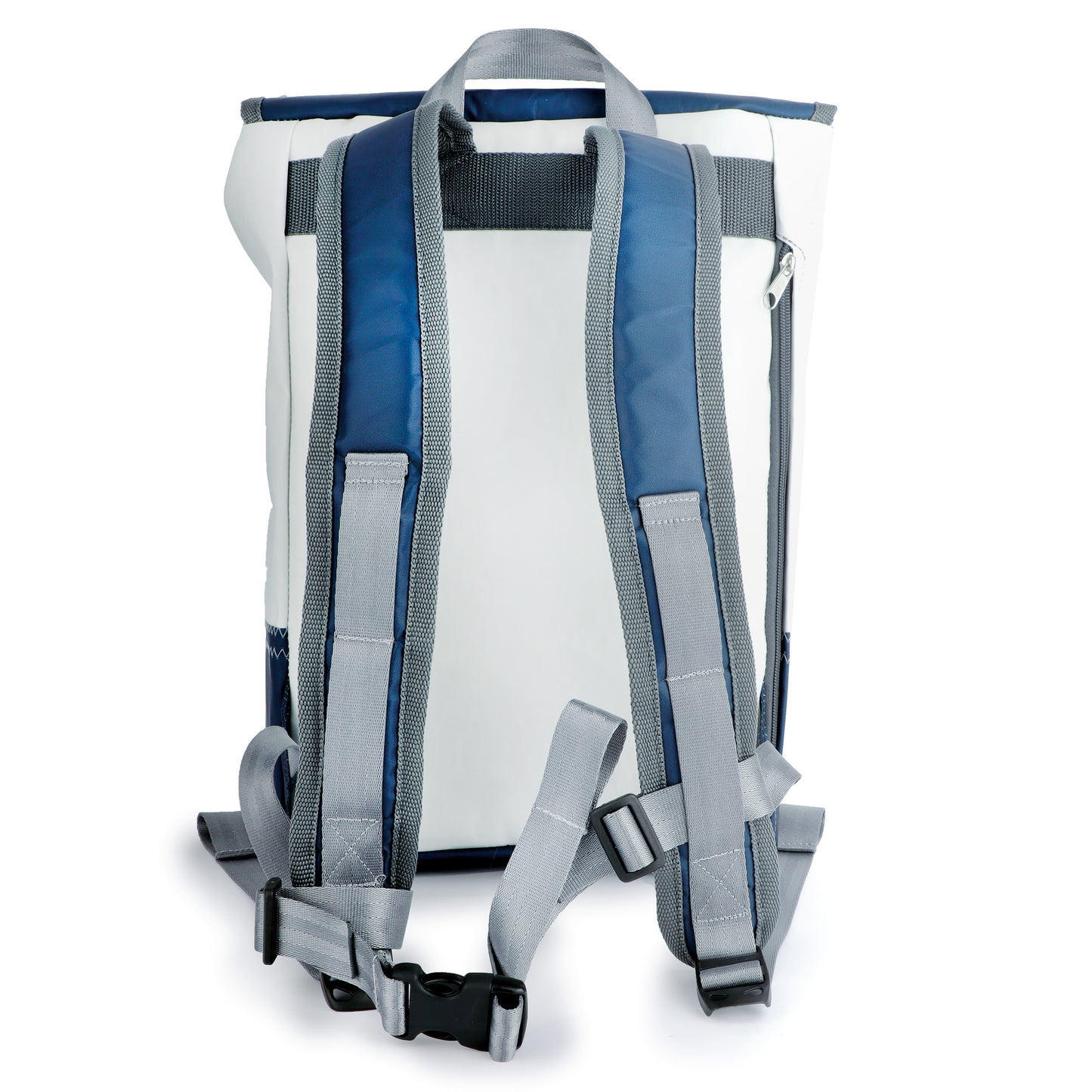 Rucksack 360 Grad "Landgang Mini" / Segeltuch weiß blau / Motiv Zufallszahl grau