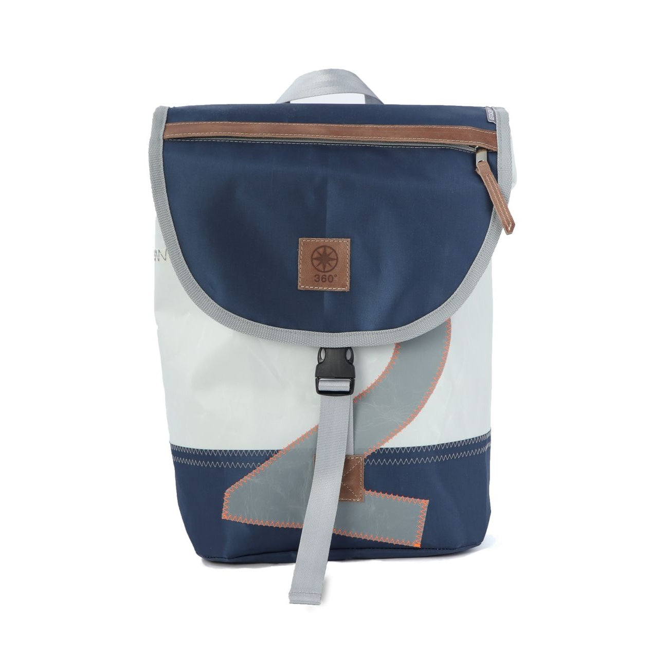 Rucksack 360 Grad "Landgang Mini" / Segeltuch weiß blau / Motiv Zufallszahl grau