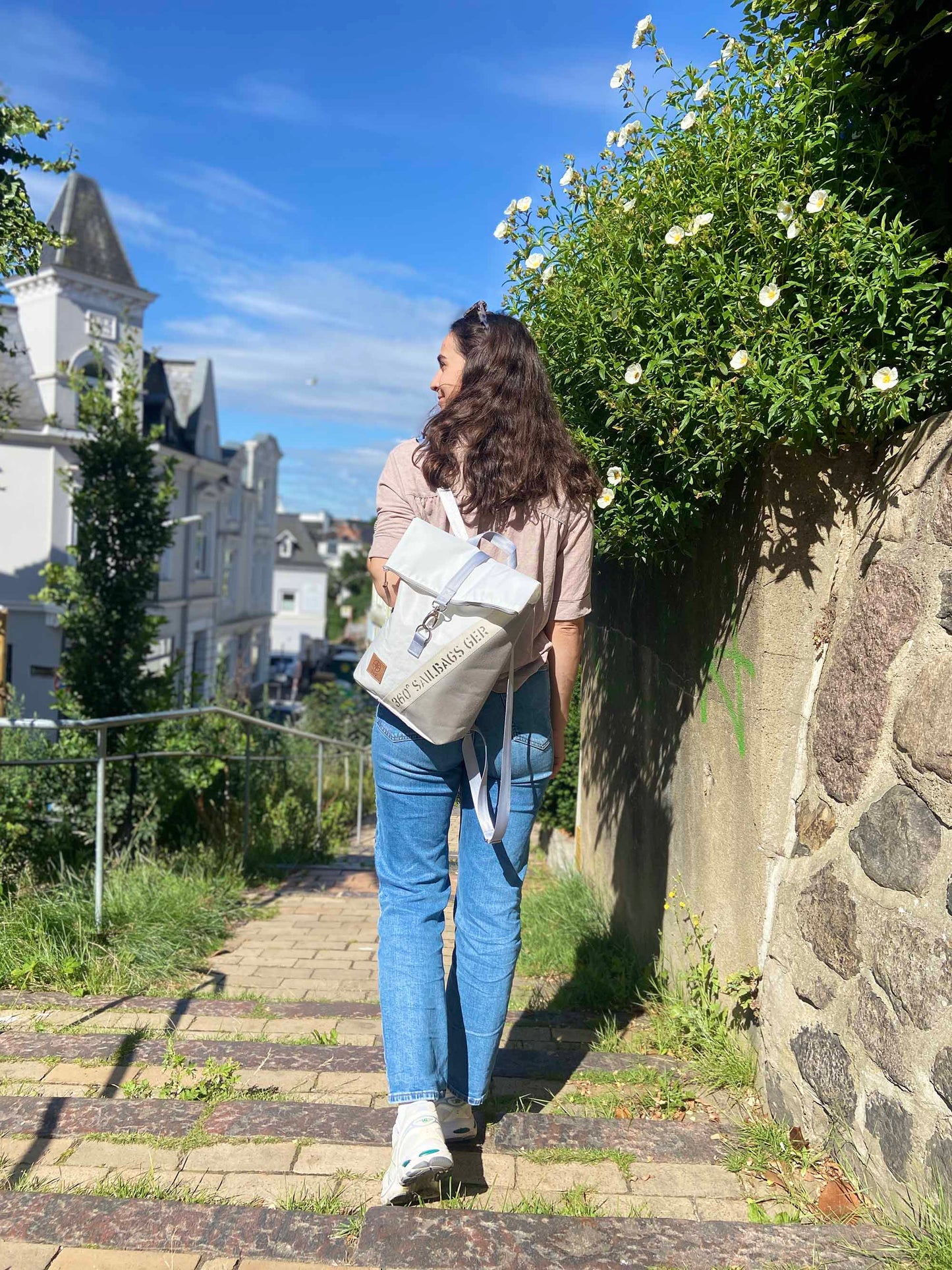 Rolltop Rucksack S 360 Grad "Möwe" / Segeltuch weiß / Motiv Stencil