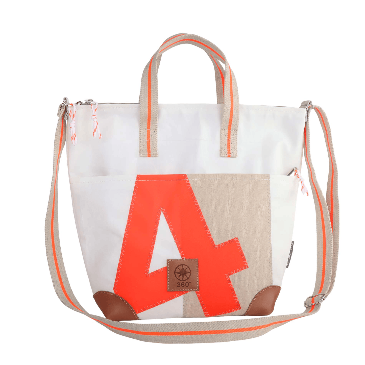 Handtasche 360 Grad "Deern Mini" / Segeltuch weiß beige / Motiv RESQ Zufallszahl orange