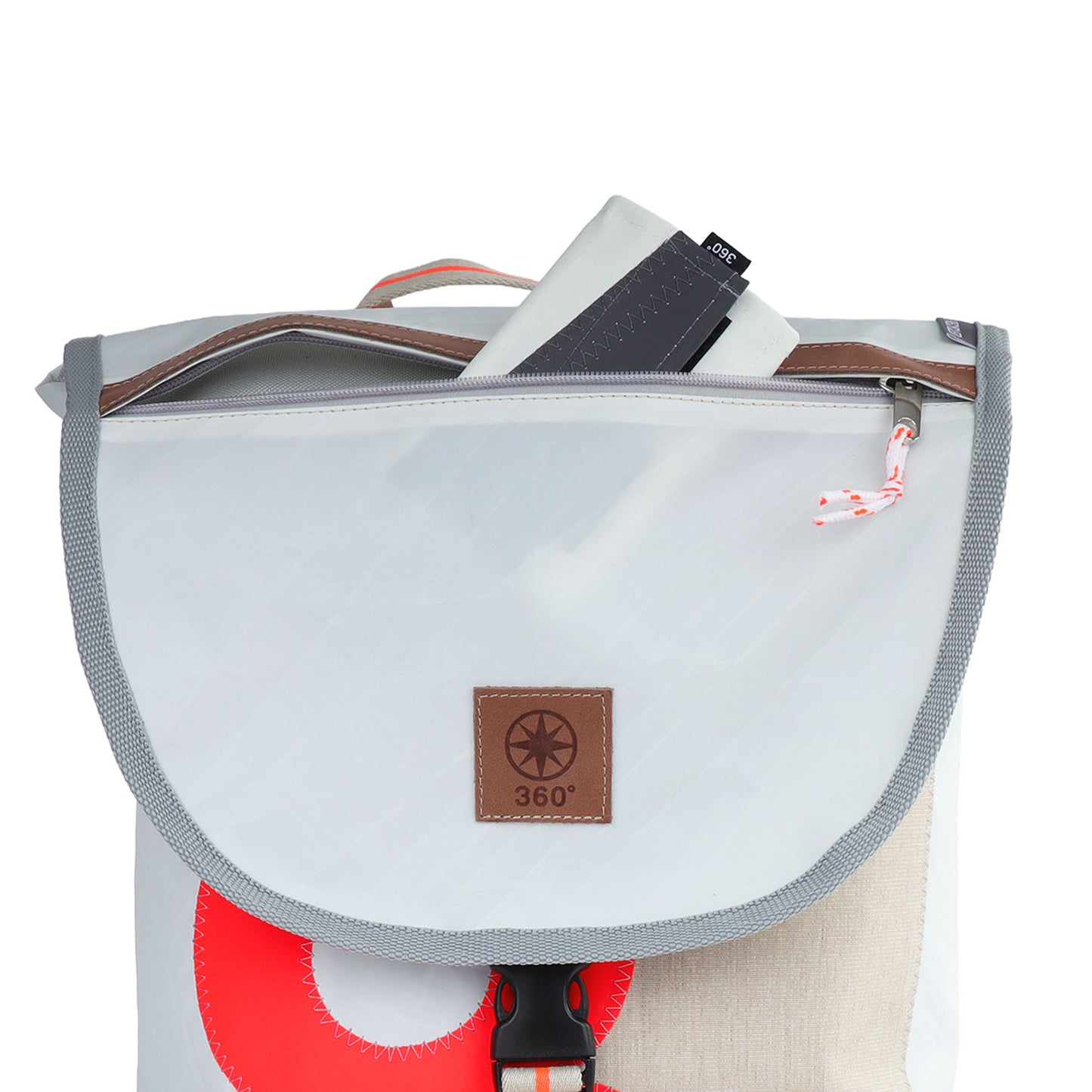Rucksack 360 Grad "Landgang Mini" / Segeltuch weiß beige / Motiv RESQ Zufallszahl orange
