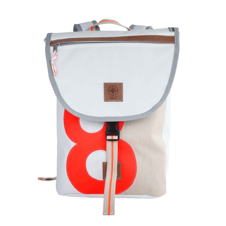 Rucksack 360 Grad "Landgang Mini" / Segeltuch weiß beige / Motiv RESQ Zufallszahl orange