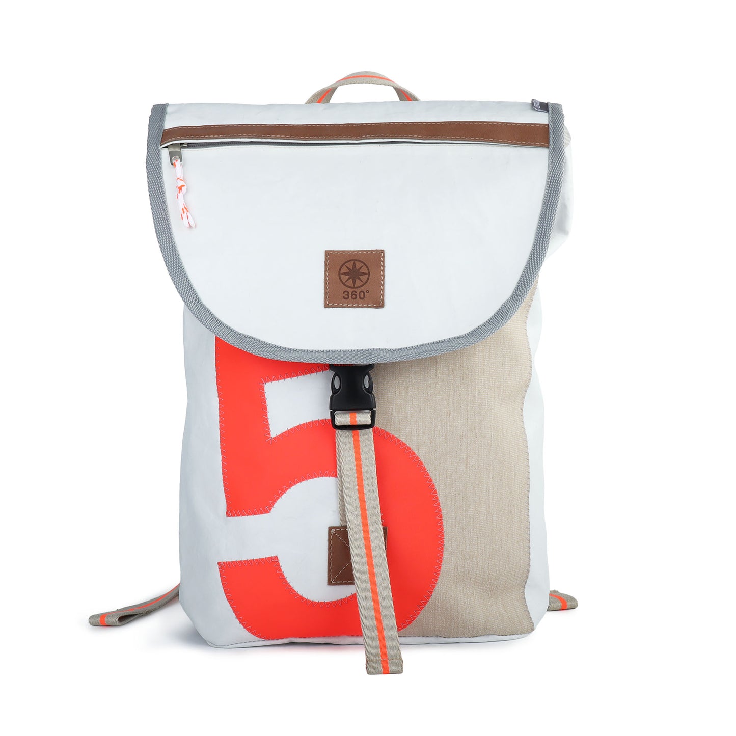 Rucksack 360 Grad "Landgang Mini" / Segeltuch weiß beige / Motiv RESQ Zufallszahl orange