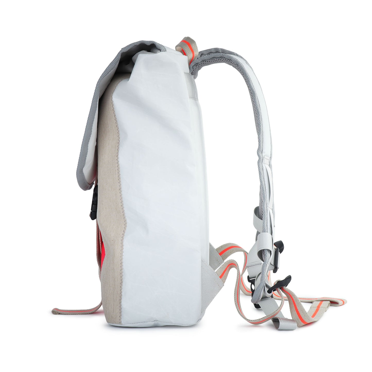 Rucksack 360 Grad "Landgang Mini" / Segeltuch weiß beige / Motiv RESQ Zufallszahl orange