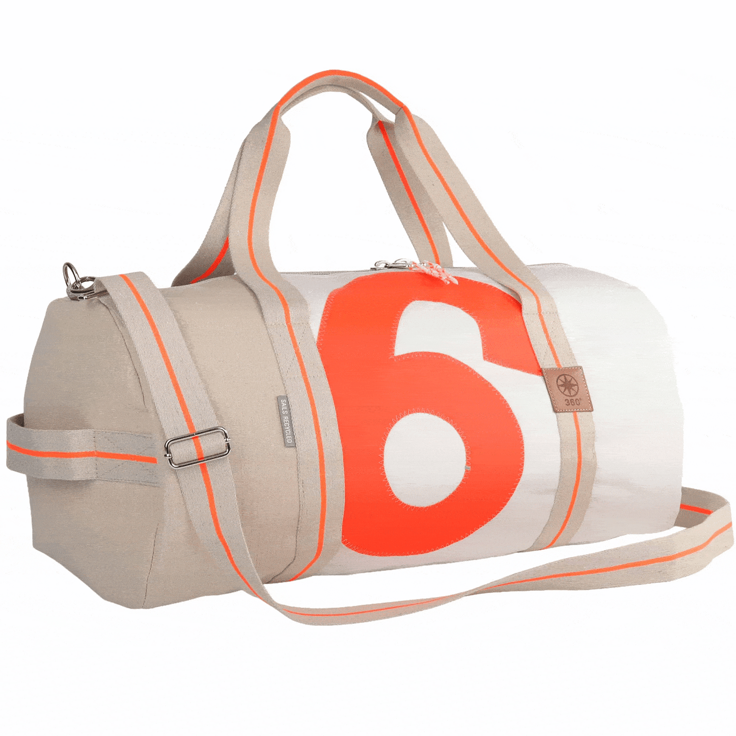Sporttasche 360 Grad "Pirat" / Segeltuch weiß beige / Motiv RESQ Zufallszahl orange