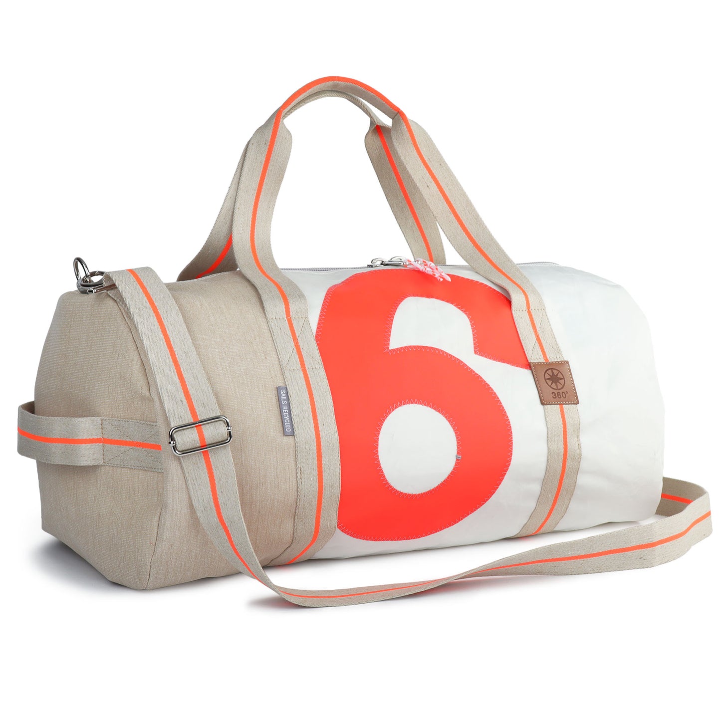Sporttasche 360 Grad "Pirat" / Segeltuch weiß beige / Motiv RESQ Zufallszahl orange