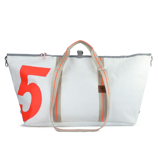 Reisetasche 360 Grad "Kutter XL" / Segeltuch weiß beige / Motiv RESQ Zufallszahl orange