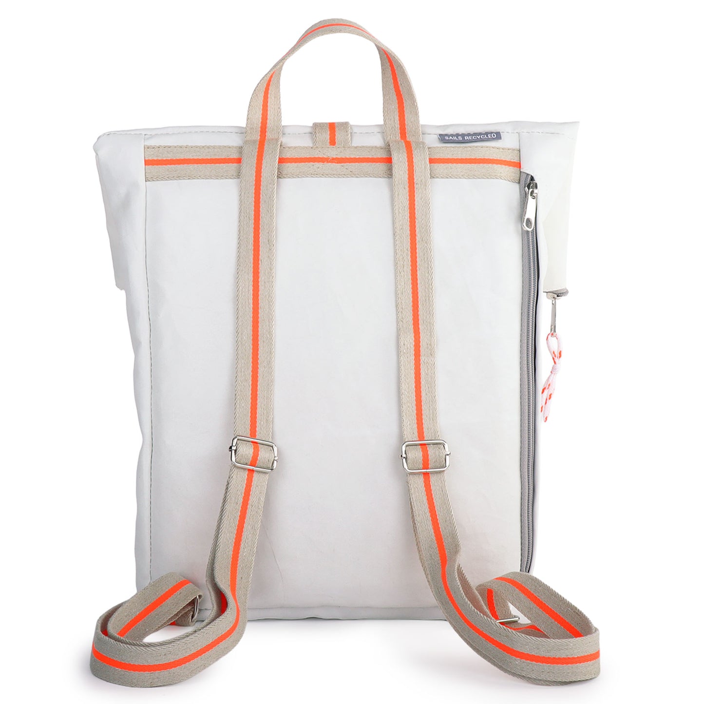 Rolltop Rucksack S 360 Grad "Möwe" / Segeltuch weiß beige / Motiv RESQ Zufallszahl orange