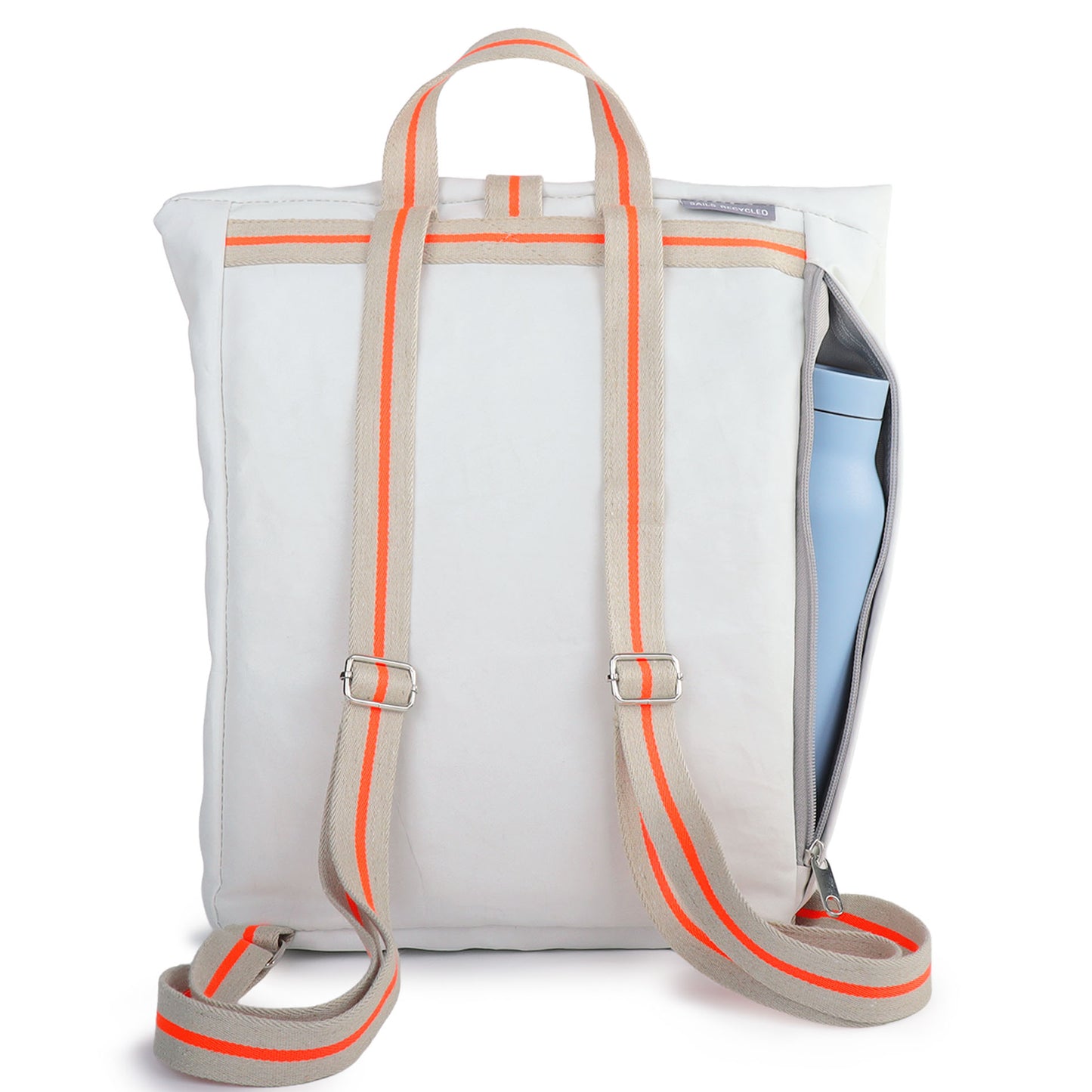 Rolltop Rucksack S 360 Grad "Möwe" / Segeltuch weiß beige / Motiv RESQ Zufallszahl orange