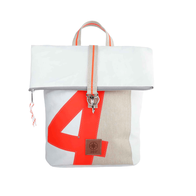 Rolltop Rucksack S 360 Grad "Möwe" / Segeltuch weiß beige / Motiv RESQ Zufallszahl orange