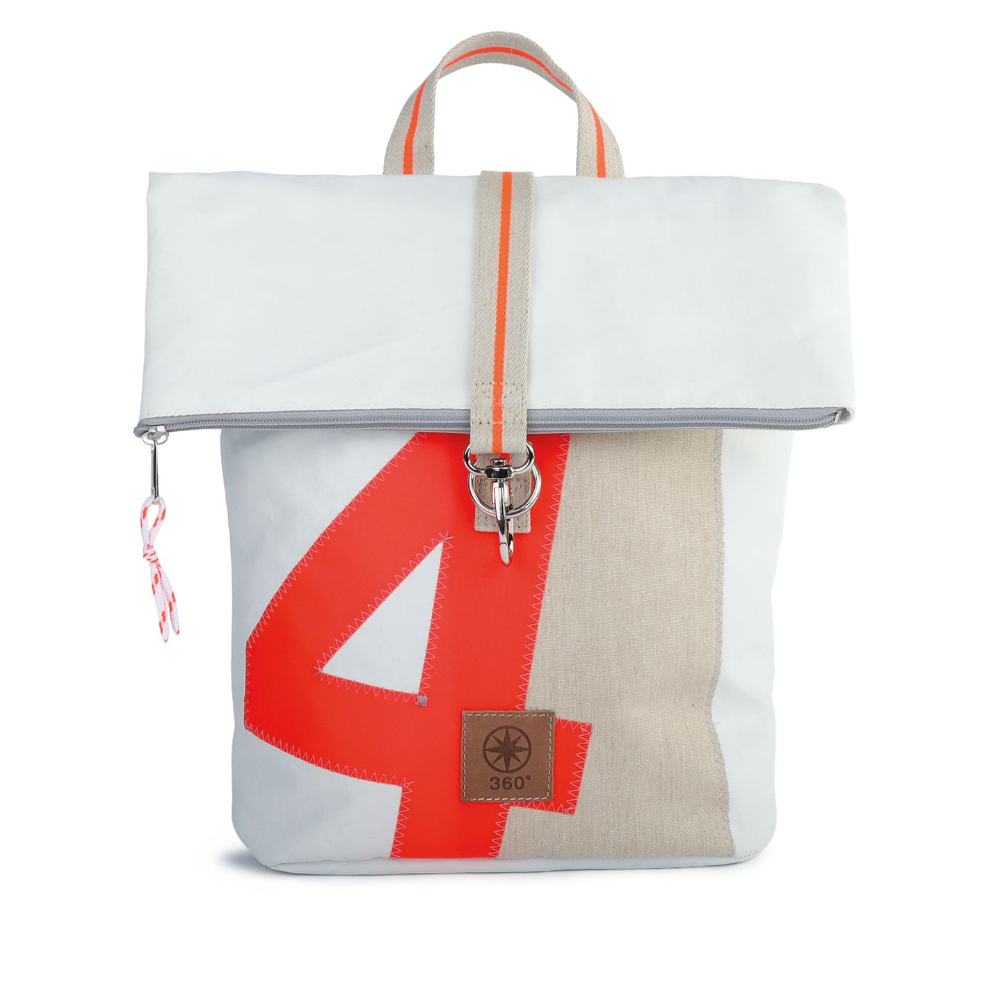 Rolltop Rucksack S 360 Grad "Möwe" / Segeltuch weiß beige / Motiv RESQ Zufallszahl orange