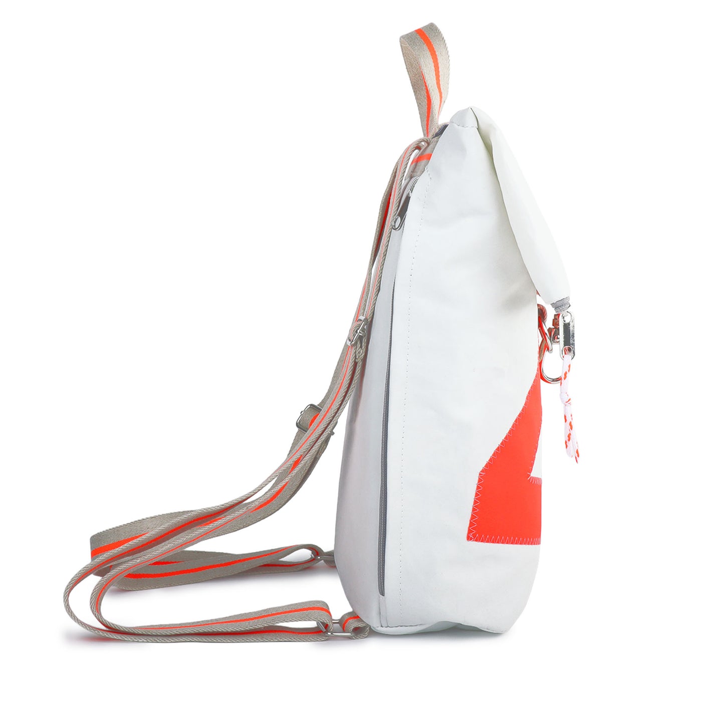 Rolltop Rucksack S 360 Grad "Möwe" / Segeltuch weiß beige / Motiv RESQ Zufallszahl orange