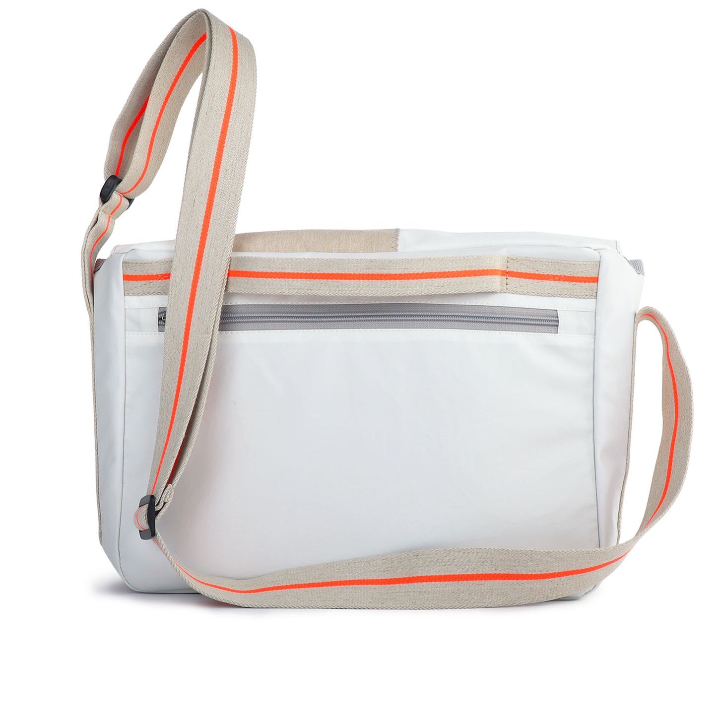 Umhängetasche 360 Grad "Barkasse Mini" / Segeltuch weiß beige / Motiv RESQ Zufallszahl orange
