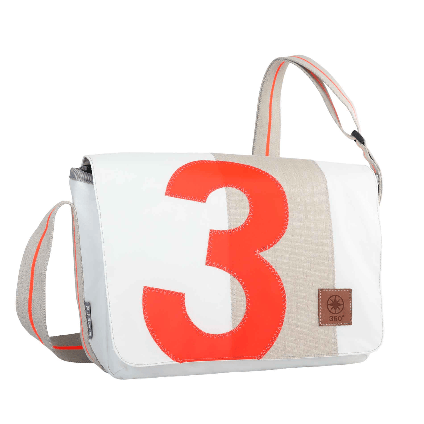 Umhängetasche 360 Grad "Barkasse Mini" / Segeltuch weiß beige / Motiv RESQ Zufallszahl orange