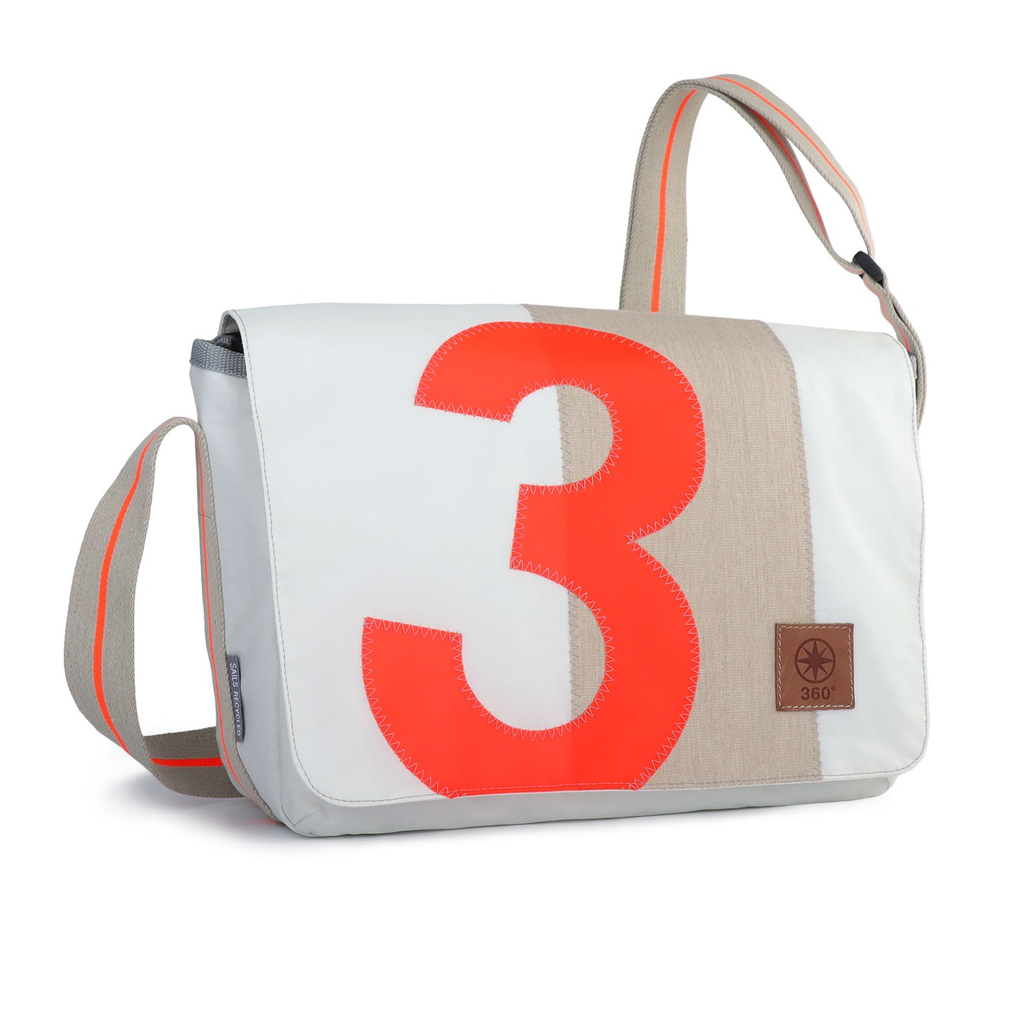Umhängetasche 360 Grad "Barkasse Mini" / Segeltuch weiß beige / Motiv RESQ Zufallszahl orange