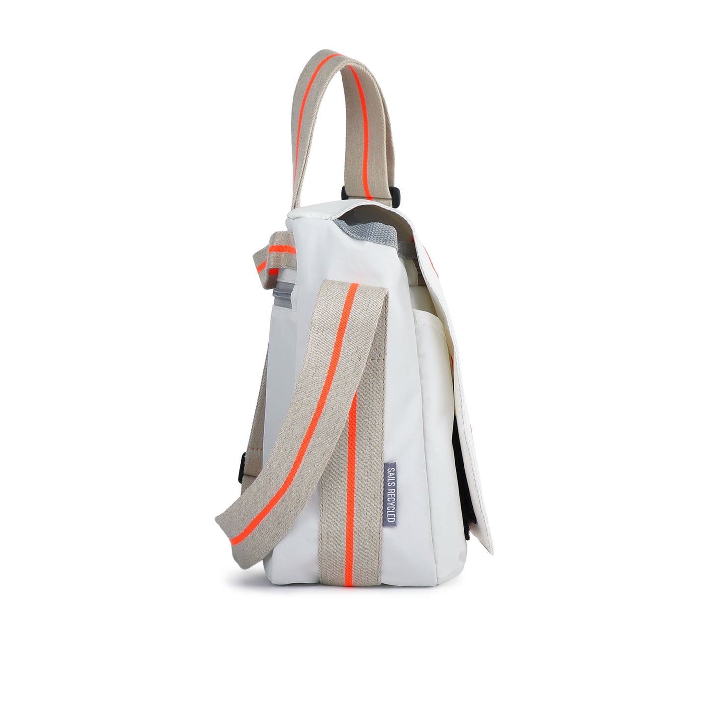 Umhängetasche 360 Grad "Barkasse Mini" / Segeltuch weiß beige / Motiv RESQ Zufallszahl orange