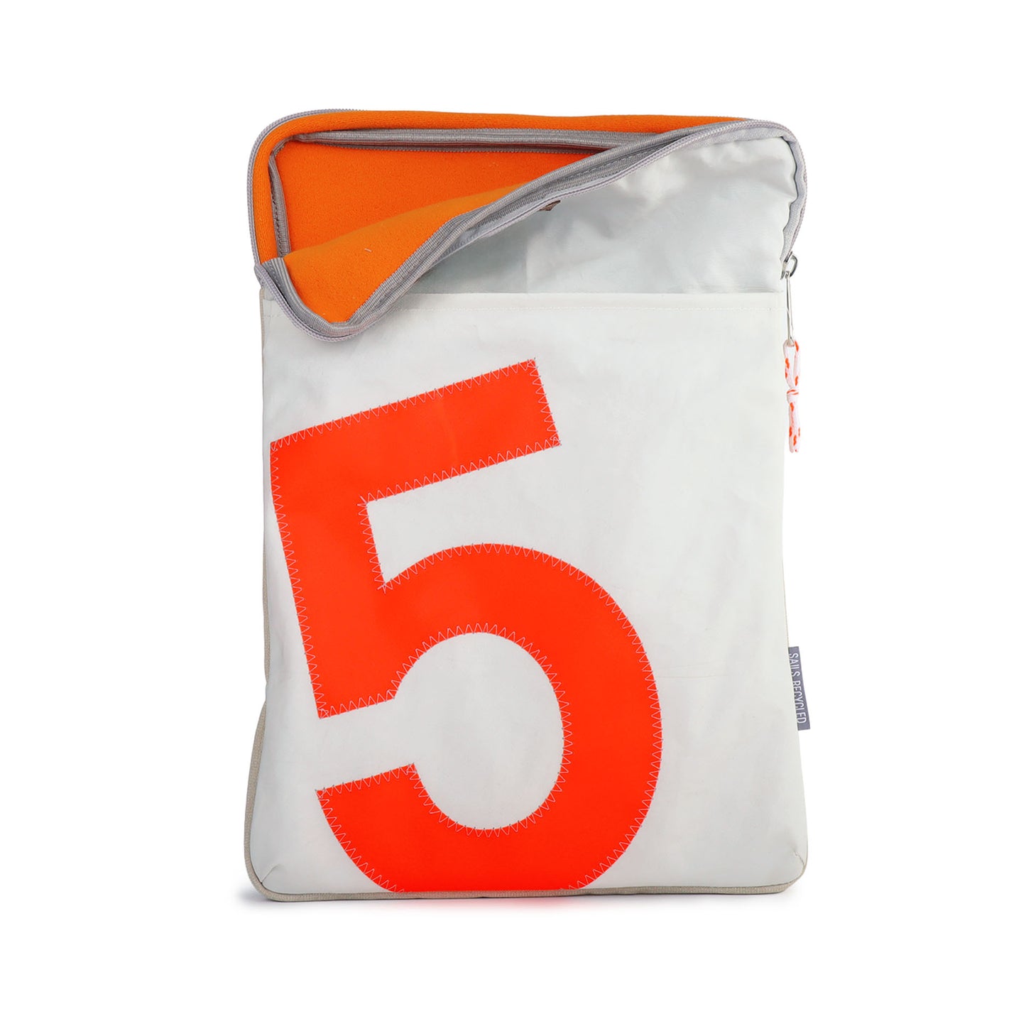 Laptopsleeve 16" 360 Grad "Hafen" / Segeltuch weiß / Motiv RESQ Zufallszahl orange