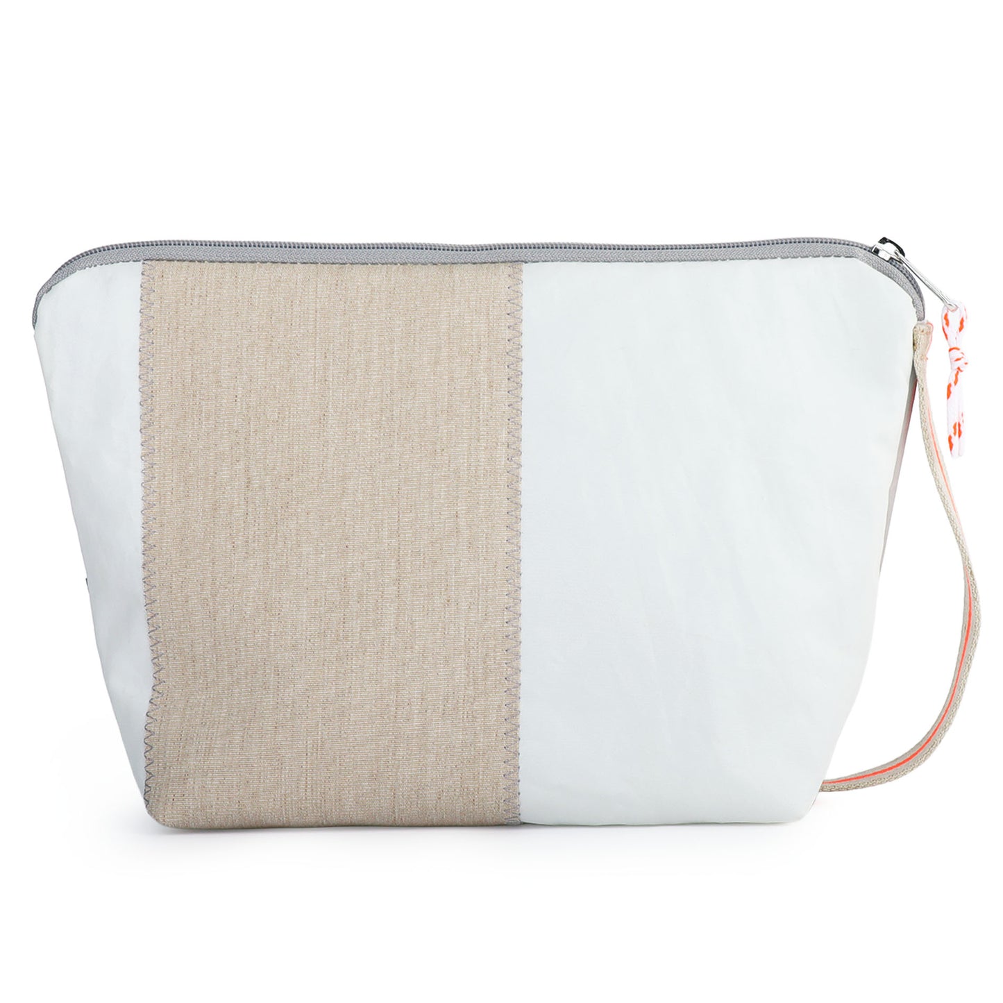 Kulturbeutel 360 Grad "Brise" / Segeltuch weiß beige / Motiv RESQ Zufallszahl orange
