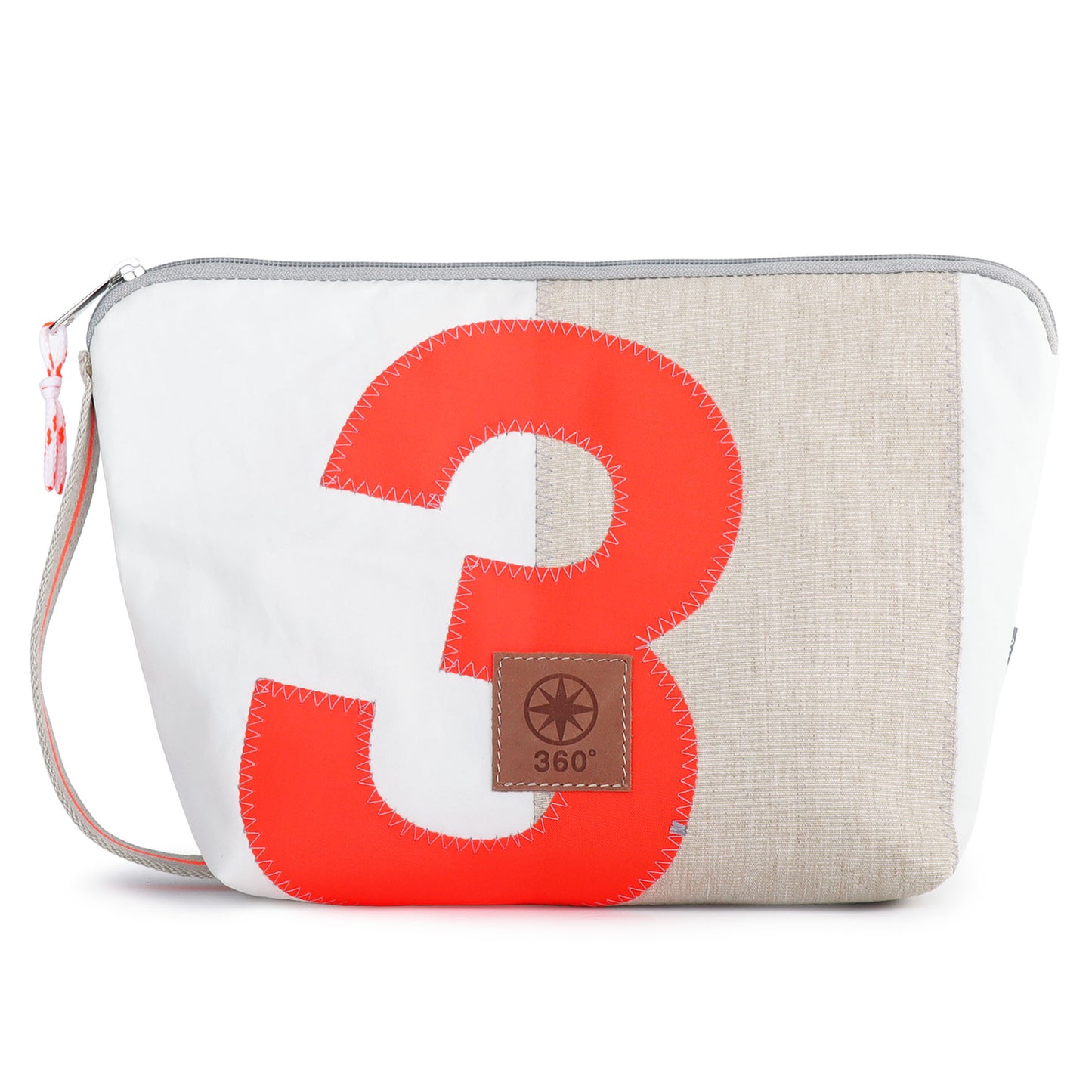 Kulturbeutel 360 Grad "Brise" / Segeltuch weiß beige / Motiv RESQ Zufallszahl orange