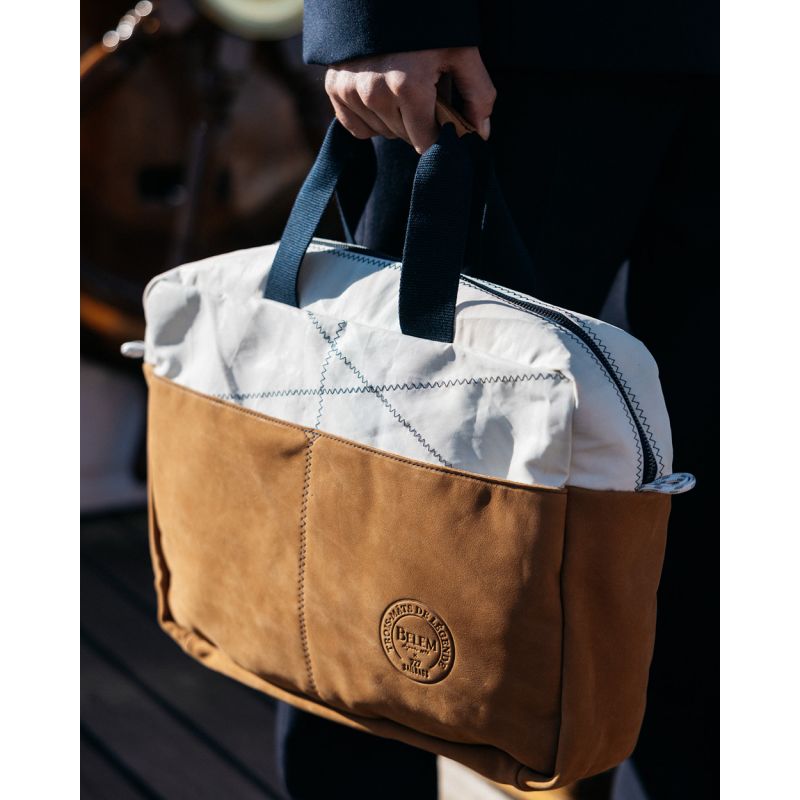 Businesstasche by 727 Sailbags / Segeltuch weiß / Leder Belem