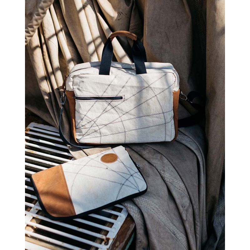 Businesstasche by 727 Sailbags / Segeltuch weiß / Leder Belem
