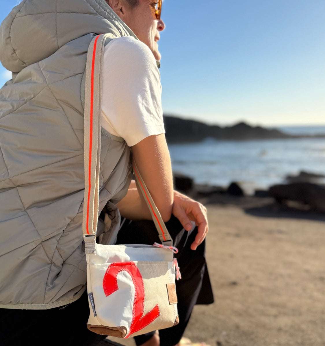 Handtasche 360 Grad "Deern Lütt" / Segeltuch weiß beige / Motiv RESQ Zufallszahl orange