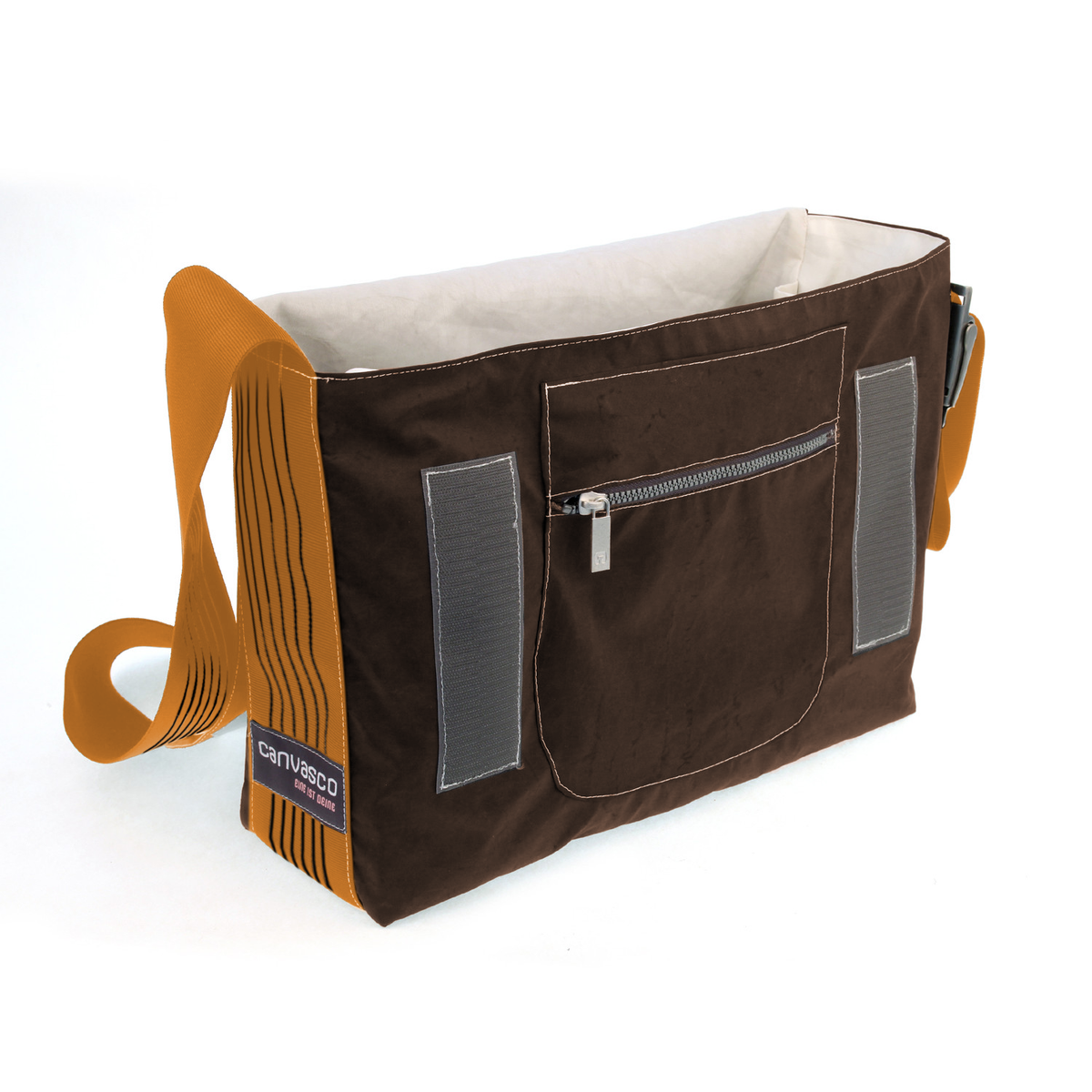 Umhängetasche CANVASCO "Urban" / Segeltuch schoko / Gurt cognac-schwarz / Motiv 85 weiß