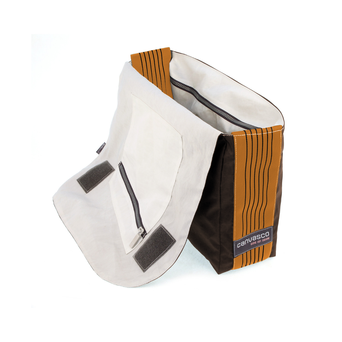 Umhängetasche CANVASCO "Urban" / Segeltuch schoko / Gurt cognac-schwarz / Motiv 85 weiß