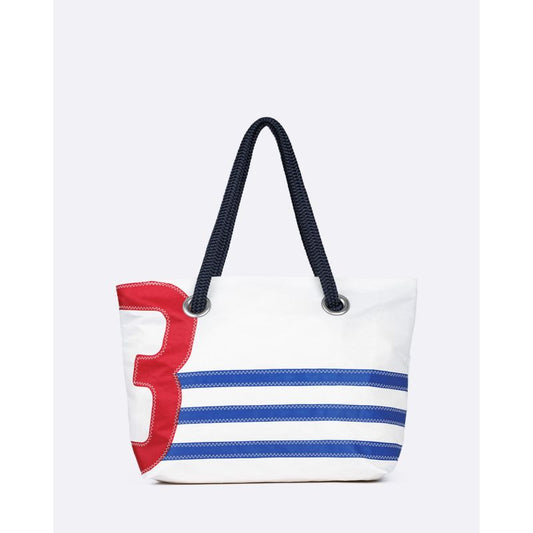 Damen Handtasche "Charlie" by 727 Sailbags / Segeltuch weiß blau / Motiv 3 rot