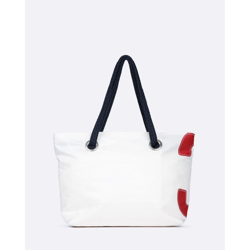 Damen Handtasche "Charlie" by 727 Sailbags / Segeltuch weiß blau / Motiv 3 rot