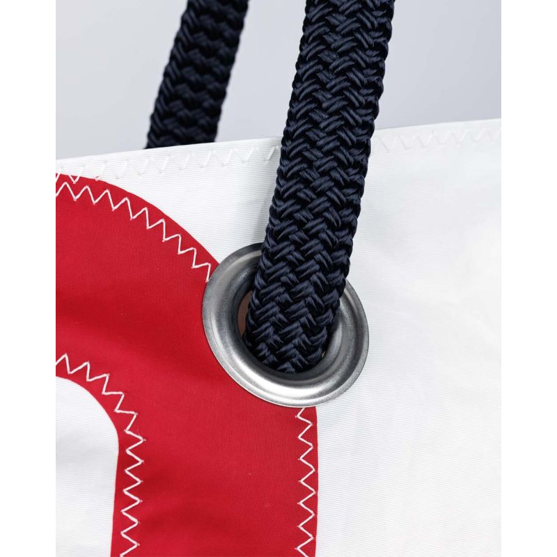 Damen Handtasche "Charlie" by 727 Sailbags / Segeltuch weiß blau / Motiv 3 rot