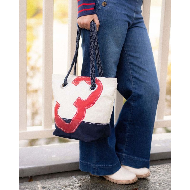 Damen Handtasche "Legende" by 727 Sailbags / Segeltuch weiß / Boden navy / Motiv 3 rot