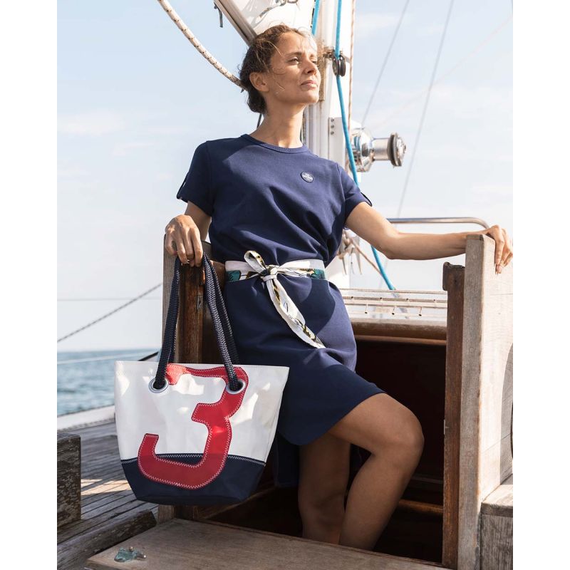 Damen Handtasche "Legende" by 727 Sailbags / Segeltuch weiß / Boden navy / Motiv 3 rot