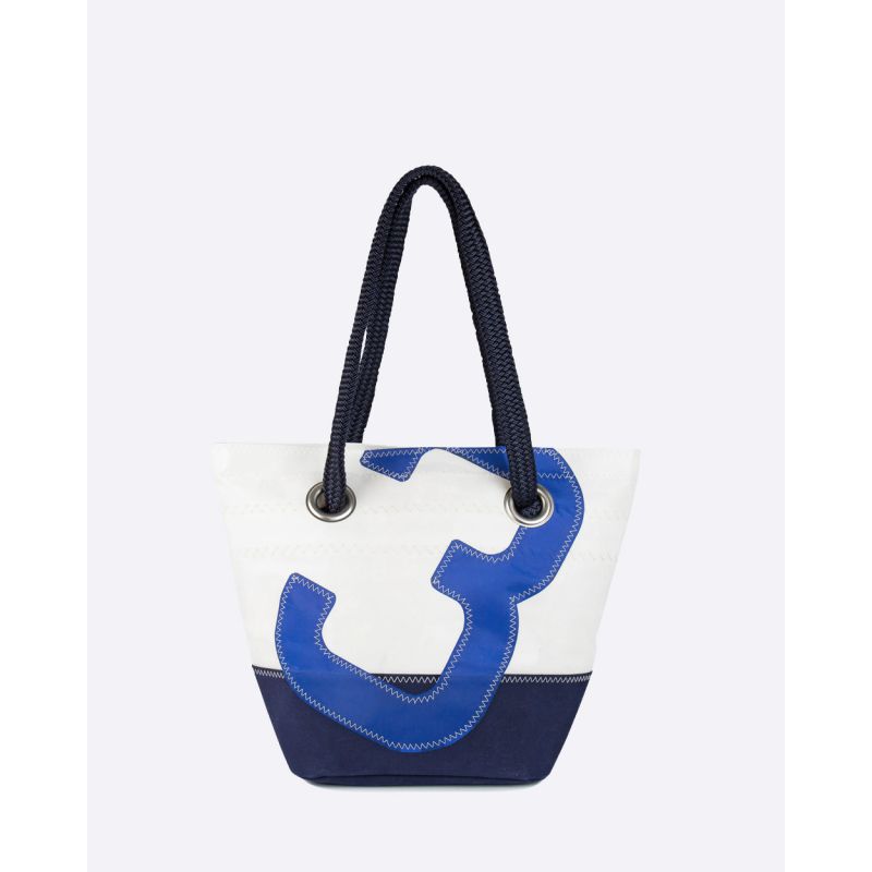 Damen Handtasche "Legende" by 727 Sailbags / Segeltuch weiß / Boden navy / Motiv 3 blau
