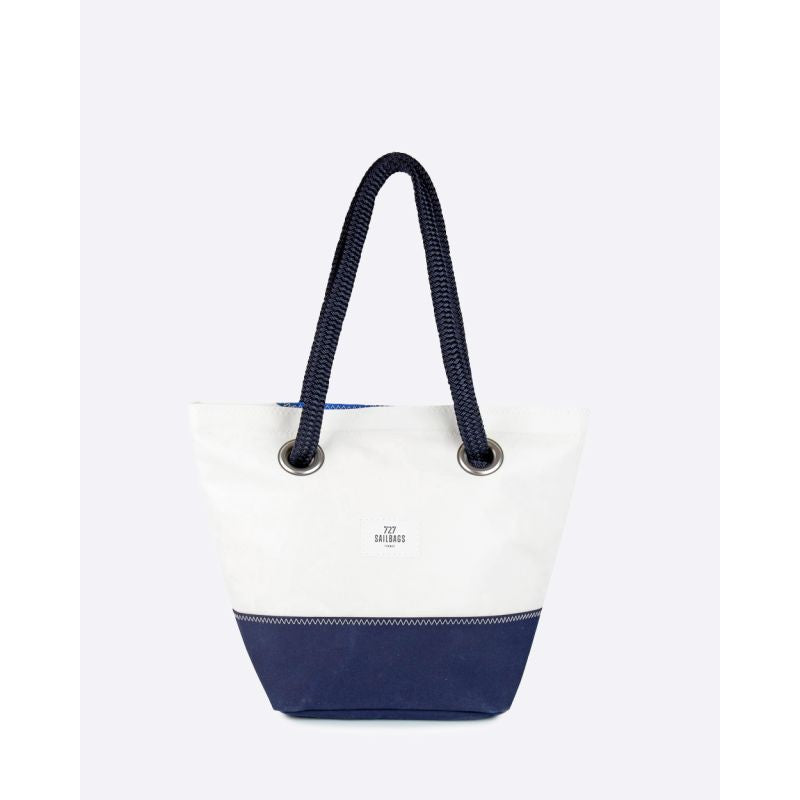 Damen Handtasche "Legende" by 727 Sailbags / Segeltuch weiß / Boden navy / Motiv 3 blau