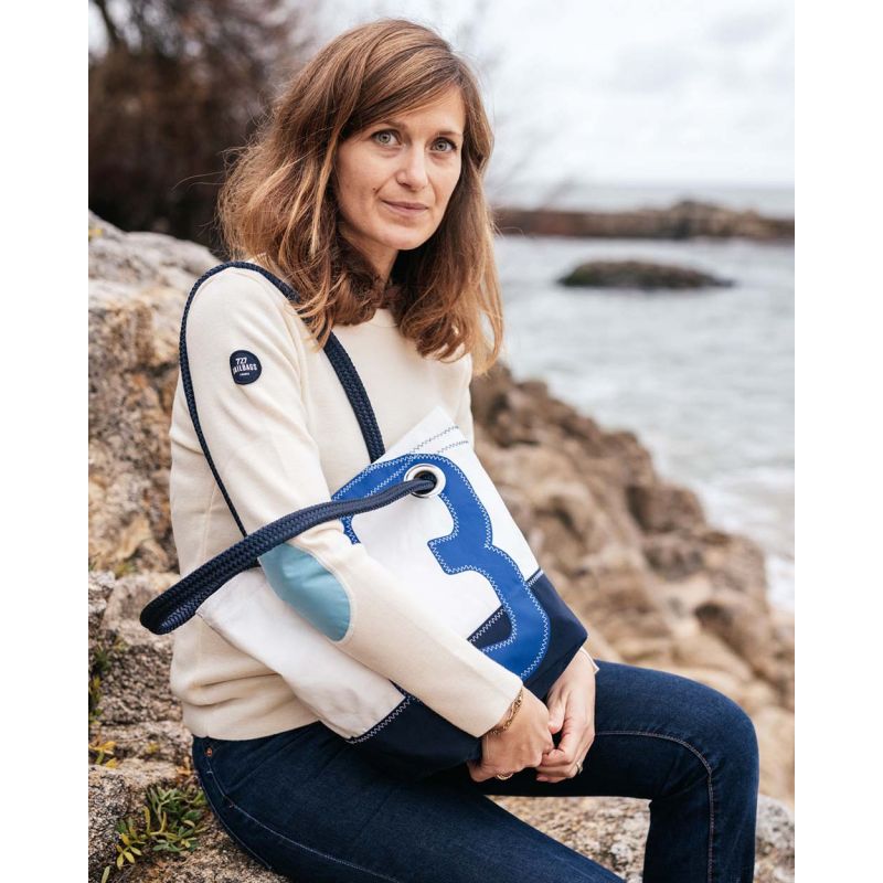 Damen Handtasche "Legende" by 727 Sailbags / Segeltuch weiß / Boden navy / Motiv 3 blau