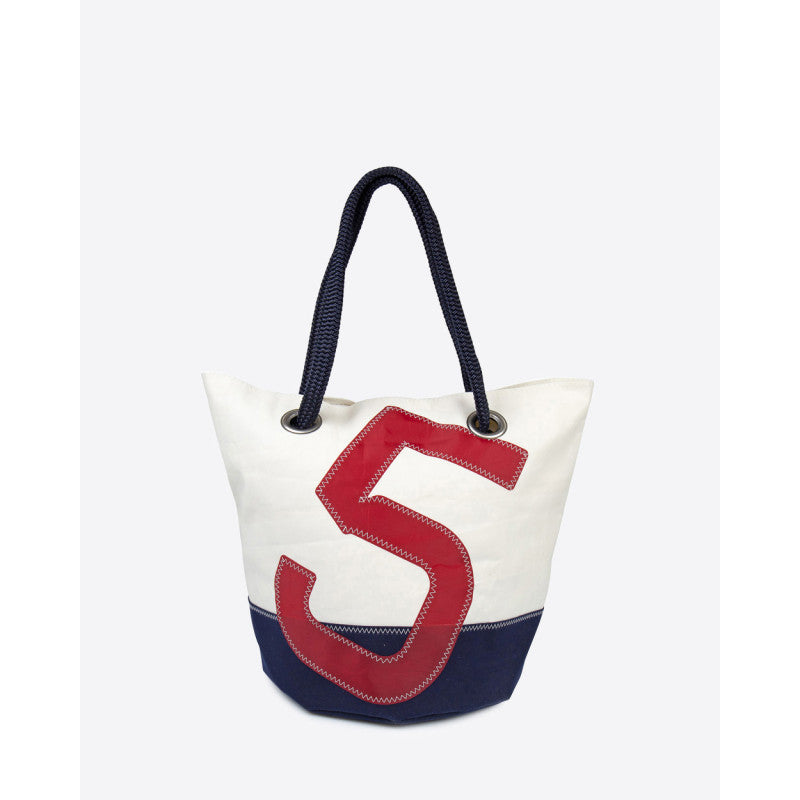 Damen Handtasche "Sandy" by 727 Sailbags / Segeltuch weiß / Boden navy / Motiv 5 rot