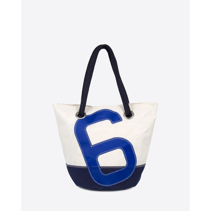 Damen Handtasche "Sandy" by 727 Sailbags / Segeltuch weiß / Boden navy / Motiv 6 blau